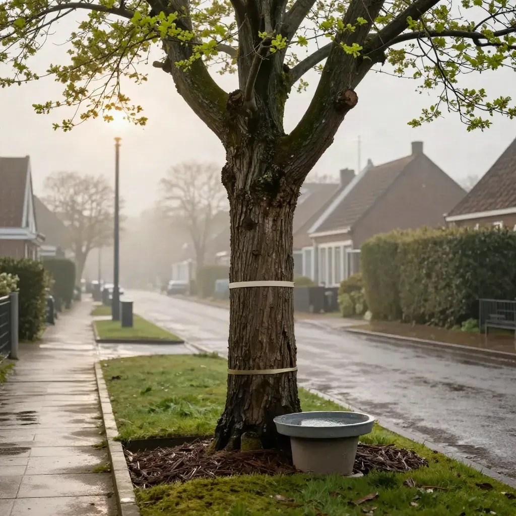 Stormherstelde linde met mulchring en steunbanden langs een rustige natte berm.