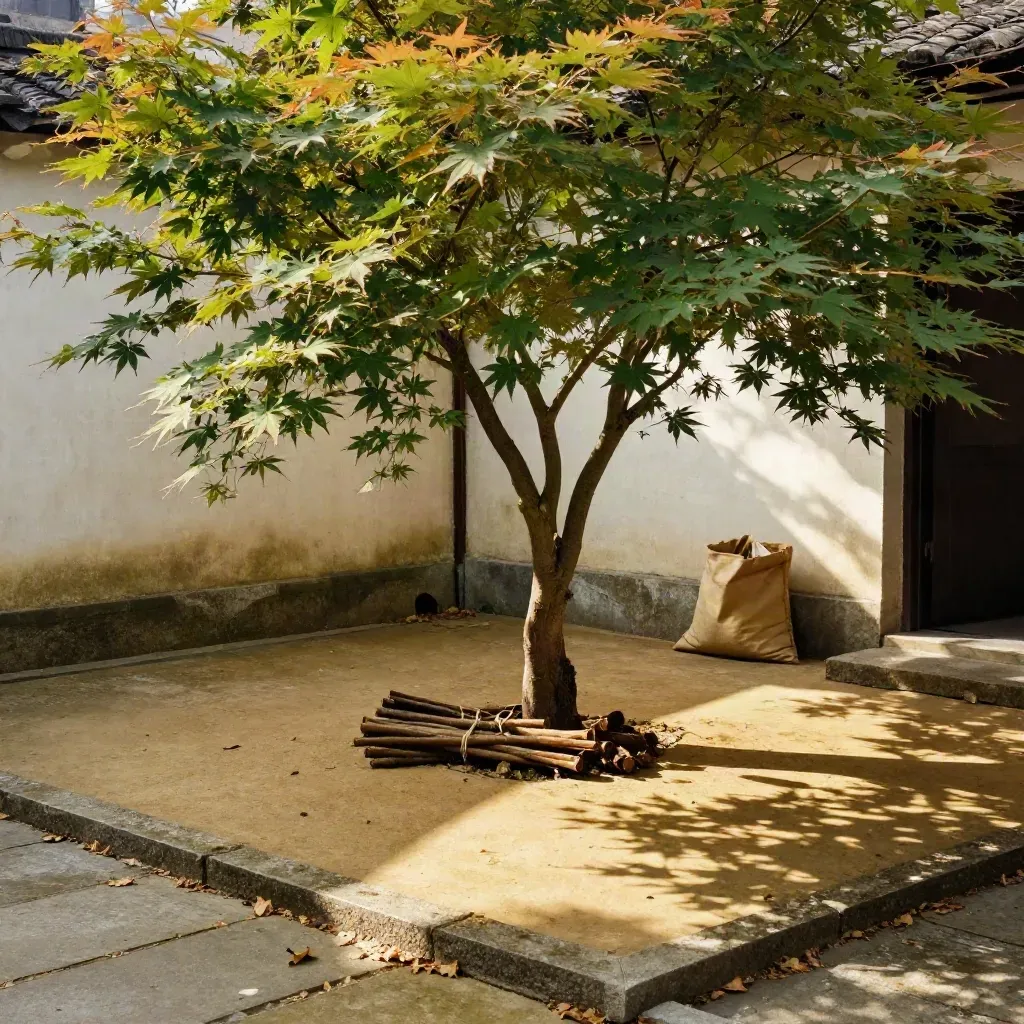 Gesnoeide Japanse esdoorn in een kleine patio met gebundelde takken en zonnig verlichte tegels.
