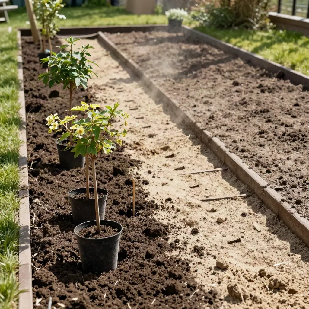 Drie jonge boompjes in een nieuw plantvak met uitgezette plantafstand.