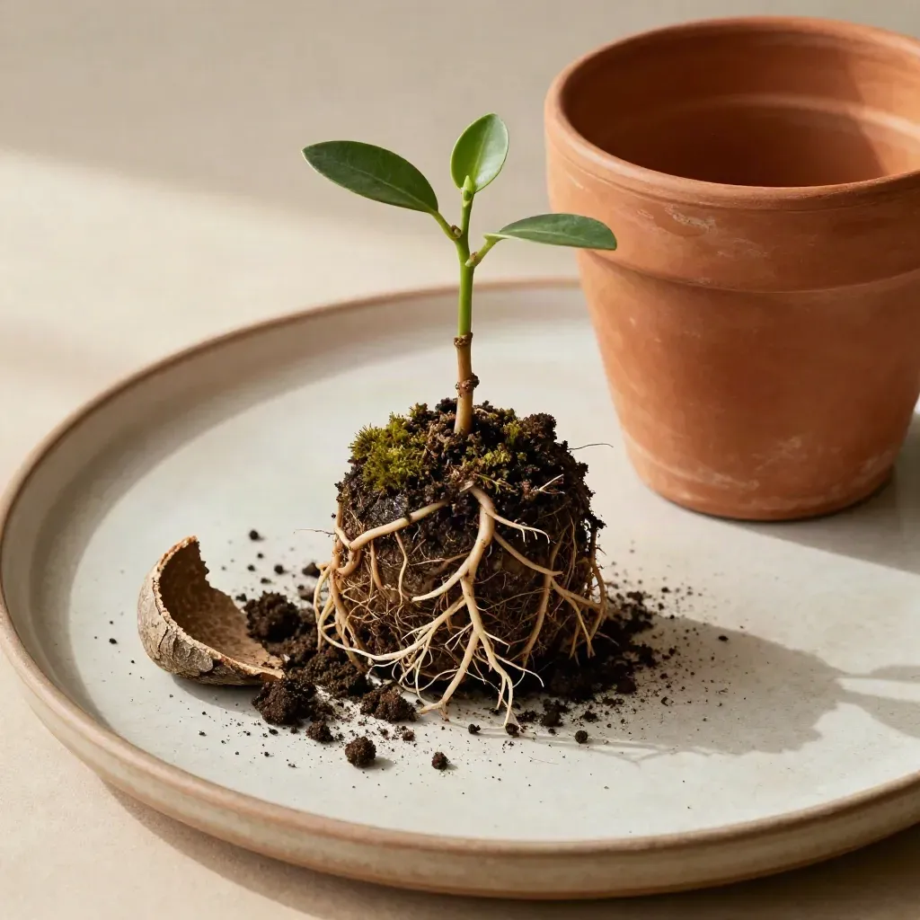 Bovenaanzicht van een lindezaailing met kluit, terracotta pot en verbeterde grond op een lichte keramische plaat.
