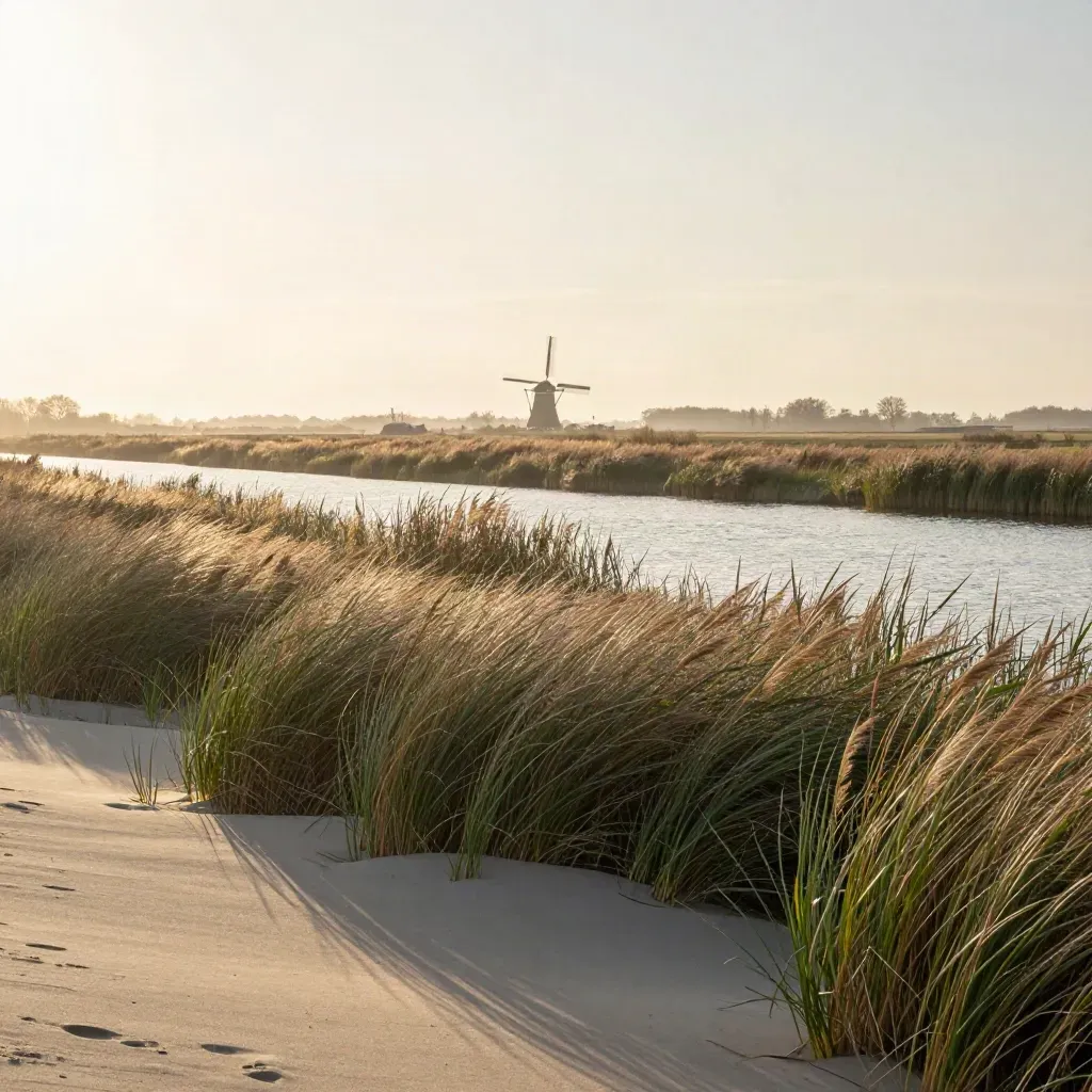 Riet aan water, lage duinen en een verre molen in de Hollandse Rijnstreek bij zonsondergang.