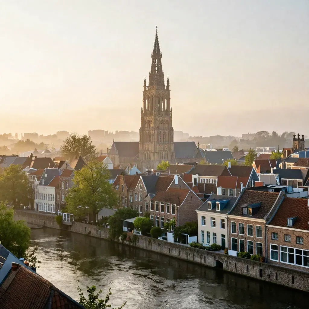 Uitzicht op Utrecht bij zonsopgang met de Domtoren boven mistige grachten en stil water.