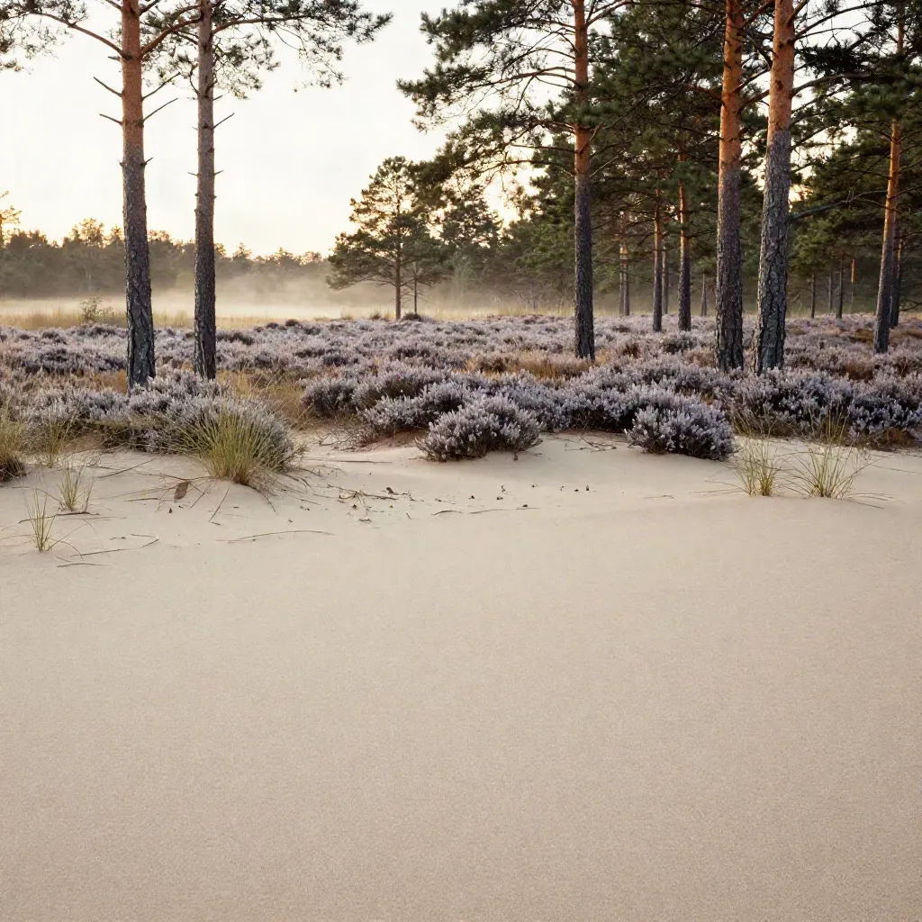Veluws zand, heide en dennen in warm avondlicht met rustige ruimte voor kopij.