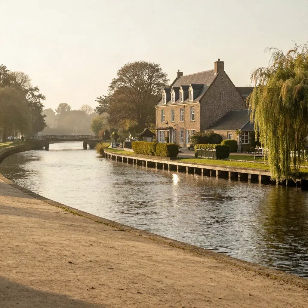 Gooi en Vecht bij gouden uur met rivierbocht, waterhuis en lage brug in mist